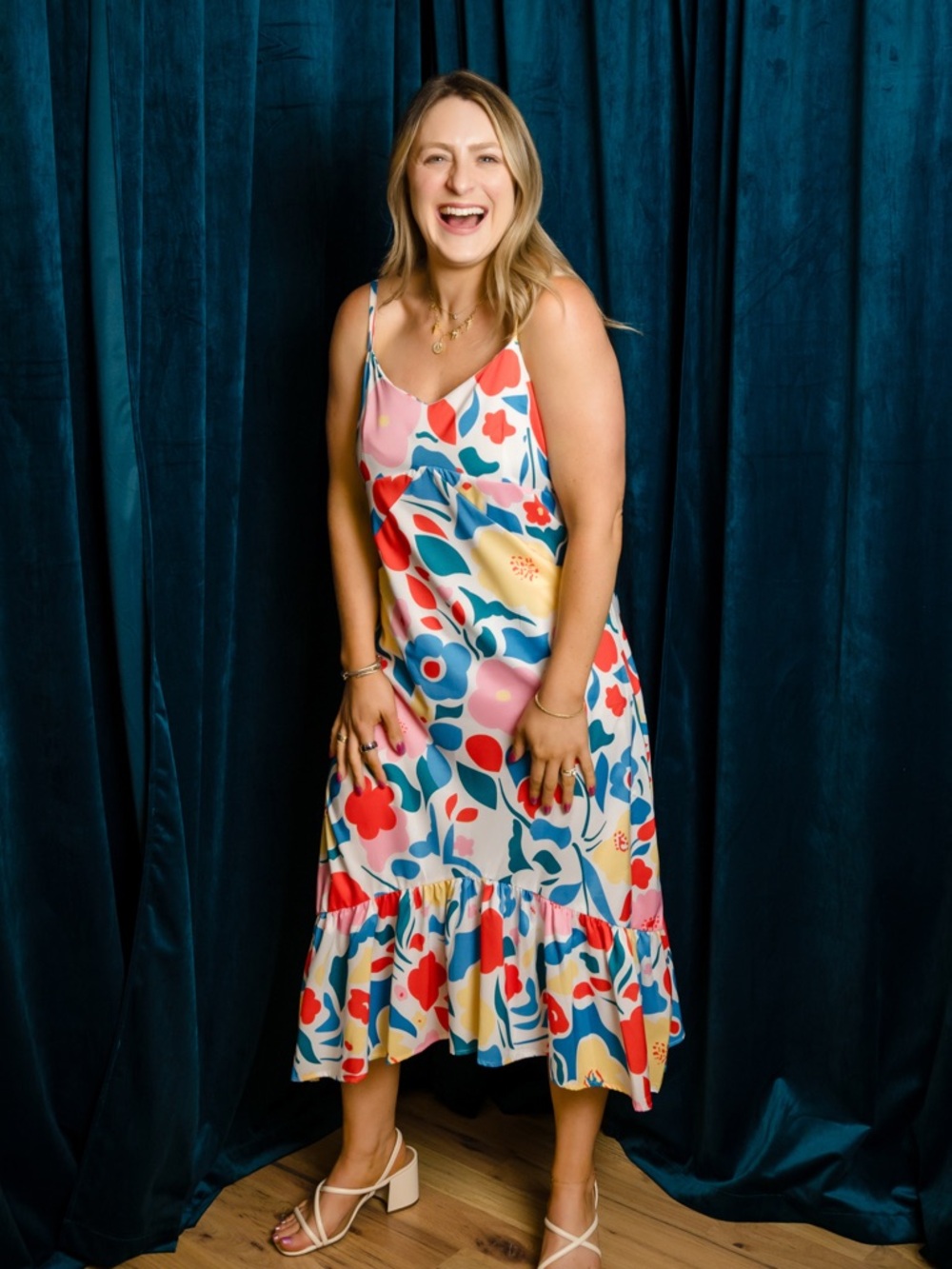 Colorful Floral Midi Dress | Ruffle Hem | Pockets | Spaghetti Strap | Size M